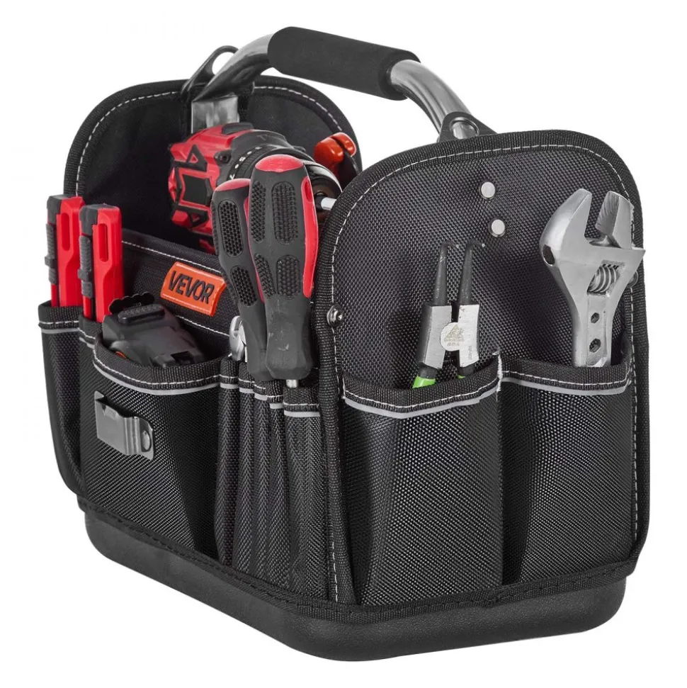 VEVOR Tool Bag, 13 Inch, 33-Pocket Open Top Tool Tote, Portable Electrical Maintenance Toolbox Organizer Storage with Hard Plastic Base, Adjustable Shoulder Strap, for Professionals DIY & Jobsite Use