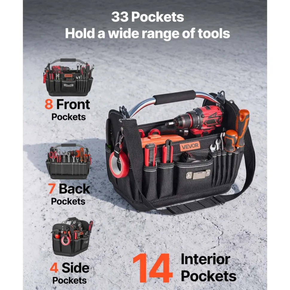 VEVOR Tool Bag, 13 Inch, 33-Pocket Open Top Tool Tote, Portable Electrical Maintenance Toolbox Organizer Storage with Hard Plastic Base, Adjustable Shoulder Strap, for Professionals DIY & Jobsite Use