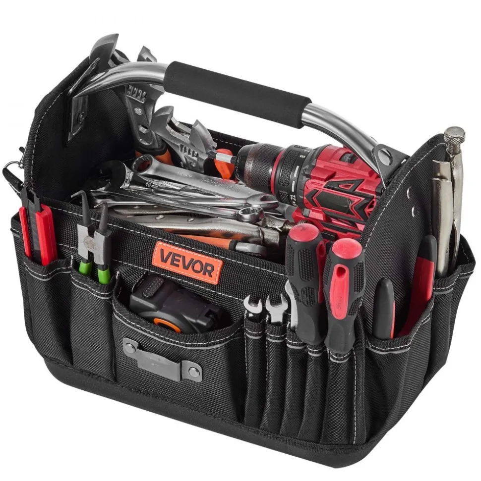 VEVOR Tool Bag, 13 Inch, 33-Pocket Open Top Tool Tote, Portable Electrical Maintenance Toolbox Organizer Storage with Hard Plastic Base, Adjustable Shoulder Strap, for Professionals DIY & Jobsite Use
