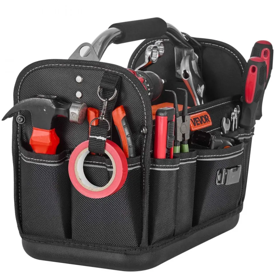VEVOR Tool Bag, 13 Inch, 33-Pocket Open Top Tool Tote, Portable Electrical Maintenance Toolbox Organizer Storage with Hard Plastic Base, Adjustable Shoulder Strap, for Professionals DIY & Jobsite Use