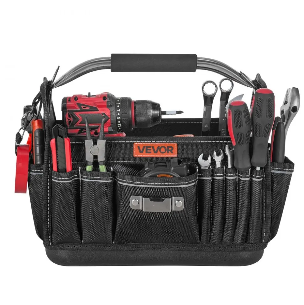 VEVOR Tool Bag, 13 Inch, 33-Pocket Open Top Tool Tote, Portable Electrical Maintenance Toolbox Organizer Storage with Hard Plastic Base, Adjustable Shoulder Strap, for Professionals DIY & Jobsite Use