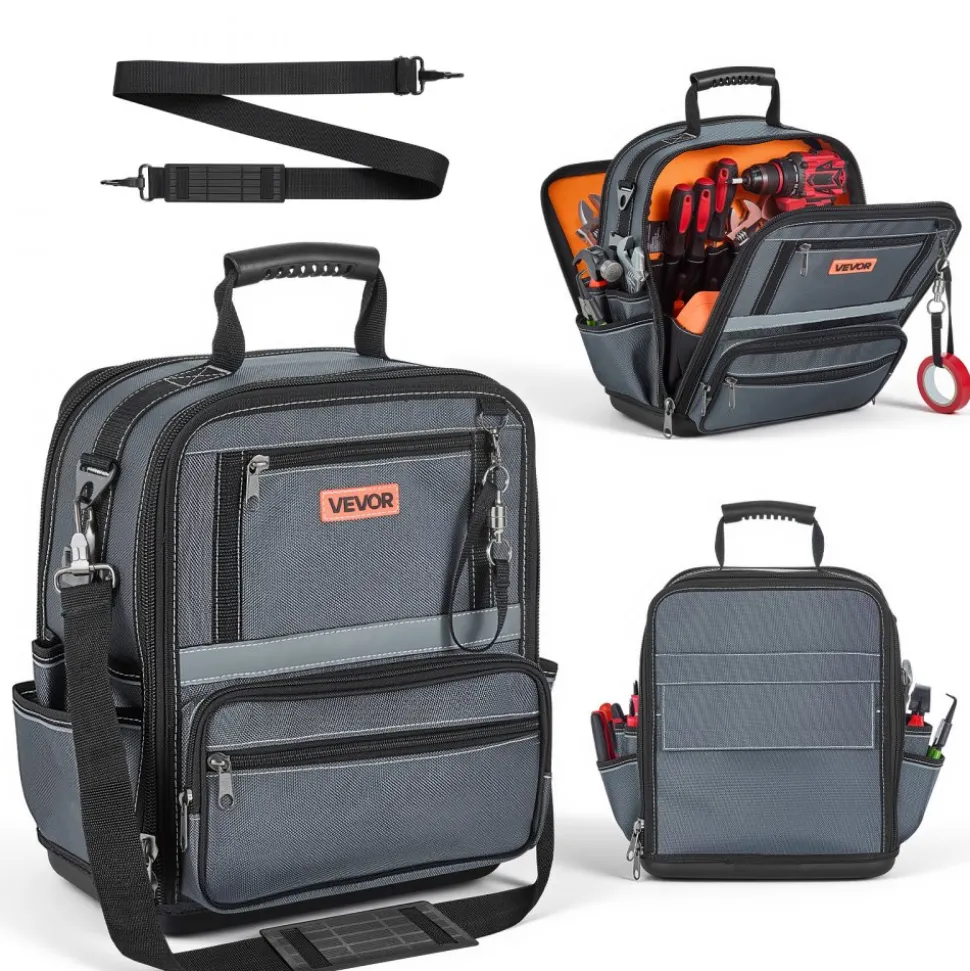 VEVOR Tool Bag, 13.2 Inch, 34-Pocket Portable Large Tool Box Organizer Storage, Carry Toolbox with Hard Plastic Base, Large Zipper, Adjustable Shoulder Strap, for Men Women Dad Husband Fathers Day