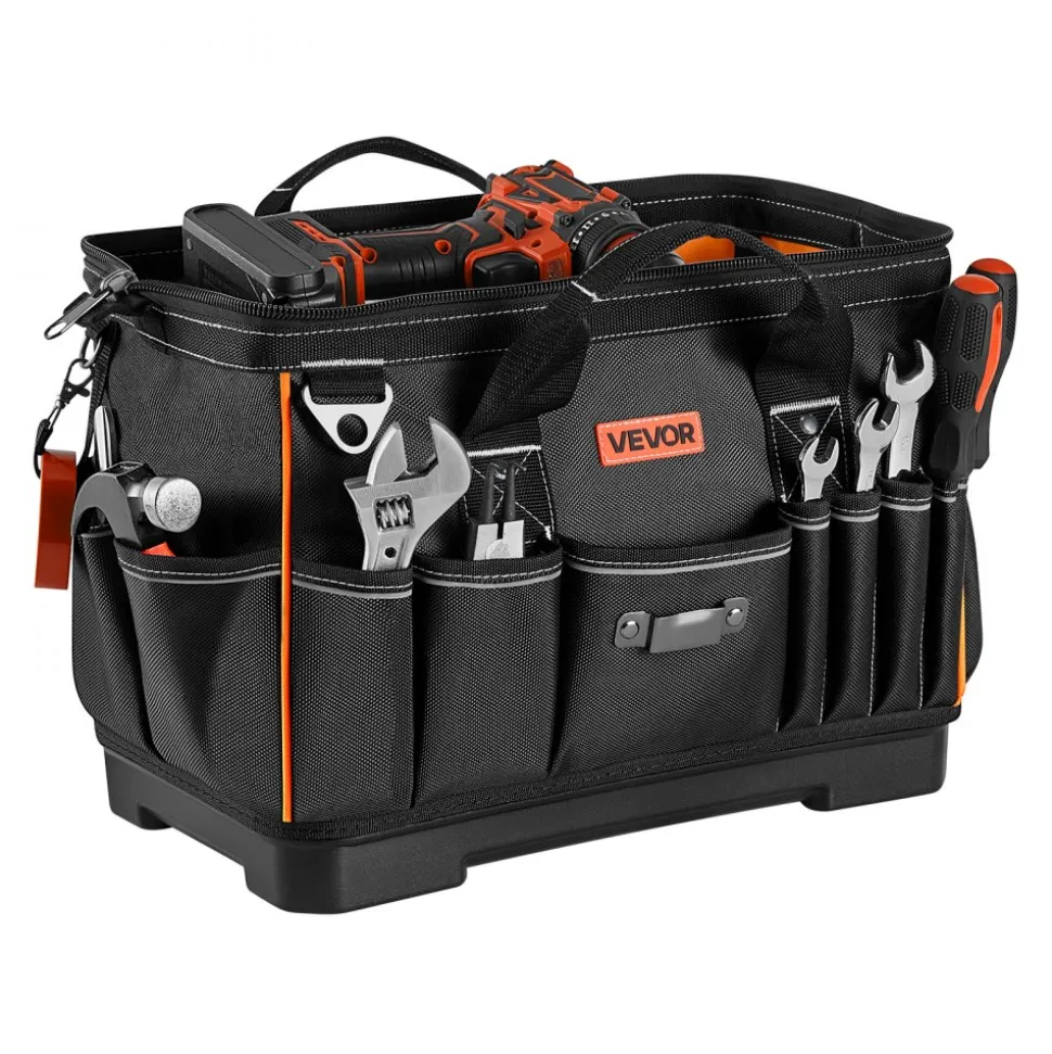 VEVOR Tool Bag, 16.1 Inch, 33-Pocket Portable Large Tool Box Organizer Storage, Toolbox with Water-Resistant Base, Zipper, Adjustable Shoulder Strap Toolbag, for Men Women Dad Husband Fathers Day
