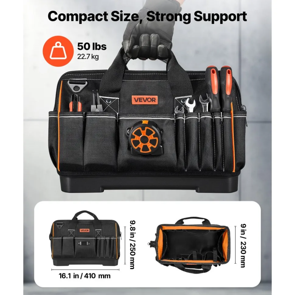 VEVOR Tool Bag, 16.1 Inch, 33-Pocket Portable Large Tool Box Organizer Storage, Toolbox with Water-Resistant Base, Zipper, Adjustable Shoulder Strap Toolbag, for Men Women Dad Husband Fathers Day