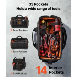 VEVOR Tool Bag, 16.1 Inch, 33-Pocket Portable Large Tool Box Organizer Storage, Toolbox with Water-Resistant Base, Zipper, Adjustable Shoulder Strap Toolbag, for Men Women Dad Husband Fathers Day