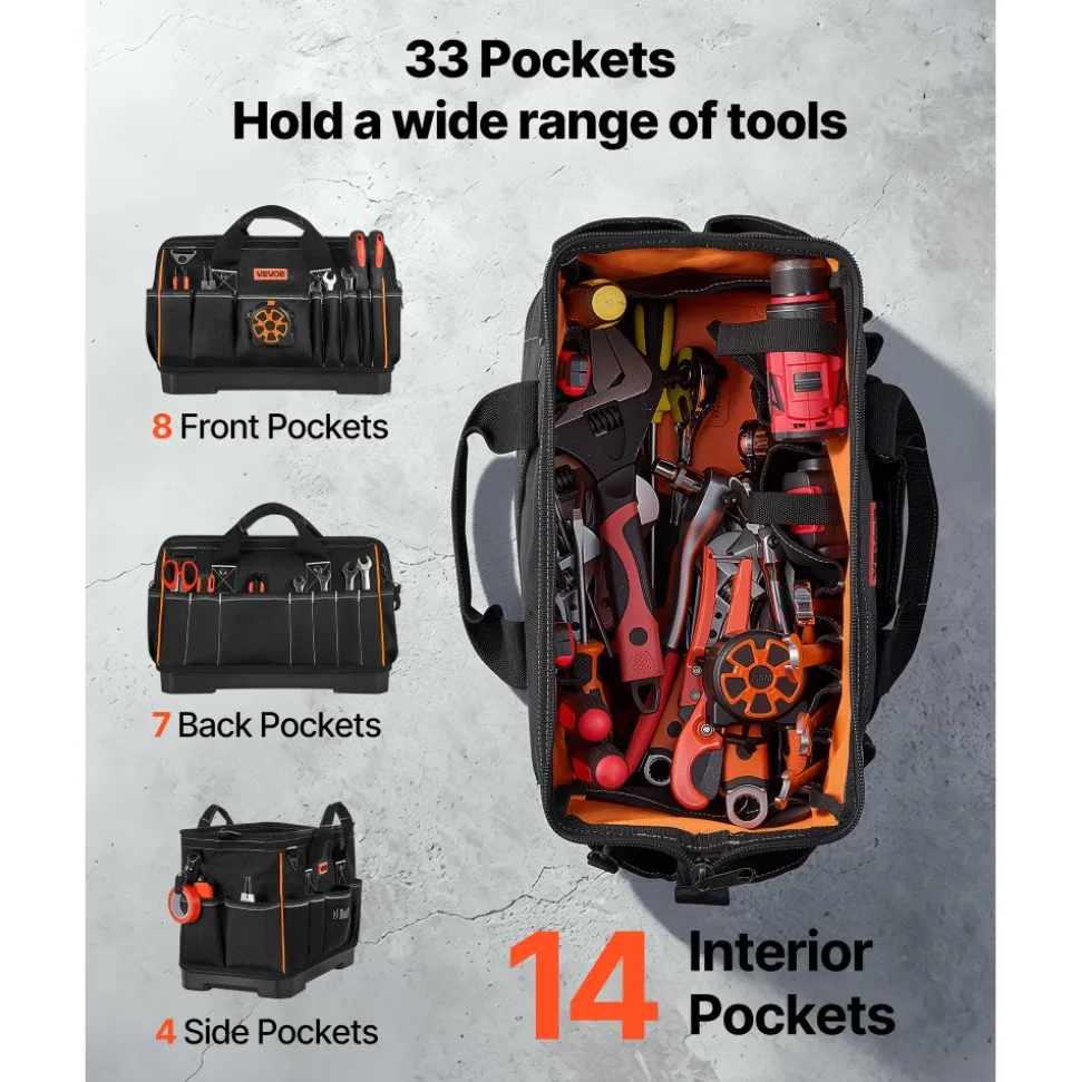 VEVOR Tool Bag, 16.1 Inch, 33-Pocket Portable Large Tool Box Organizer Storage, Toolbox with Water-Resistant Base, Zipper, Adjustable Shoulder Strap Toolbag, for Men Women Dad Husband Fathers Day
