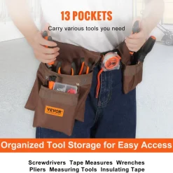 VEVOR Tool Belt, Adjusts from 29 Inches to 54 Inches, Polyester Heavy Duty Tool Pouch Bag, Detachable Tool Bag for Electrician, Carpenter, Handyman, Woodworker, Construction, Framer, Brown