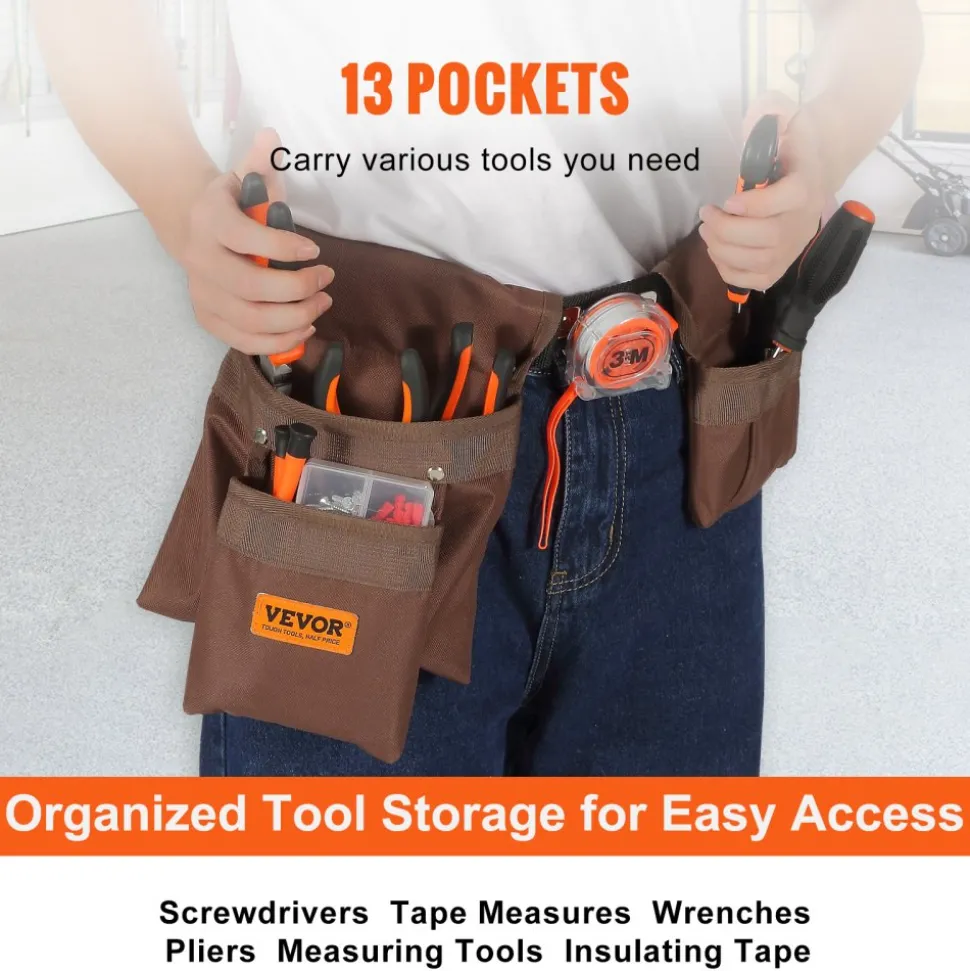 VEVOR Tool Belt, Adjusts from 29 Inches to 54 Inches, Polyester Heavy Duty Tool Pouch Bag, Detachable Tool Bag for Electrician, Carpenter, Handyman, Woodworker, Construction, Framer, Brown