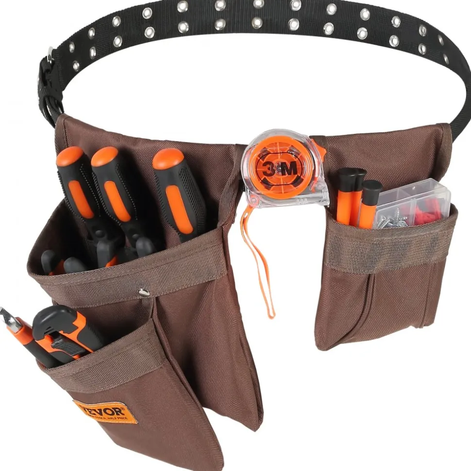 VEVOR Tool Belt, Adjusts from 29 Inches to 54 Inches, Polyester Heavy Duty Tool Pouch Bag, Detachable Tool Bag for Electrician, Carpenter, Handyman, Woodworker, Construction, Framer, Brown