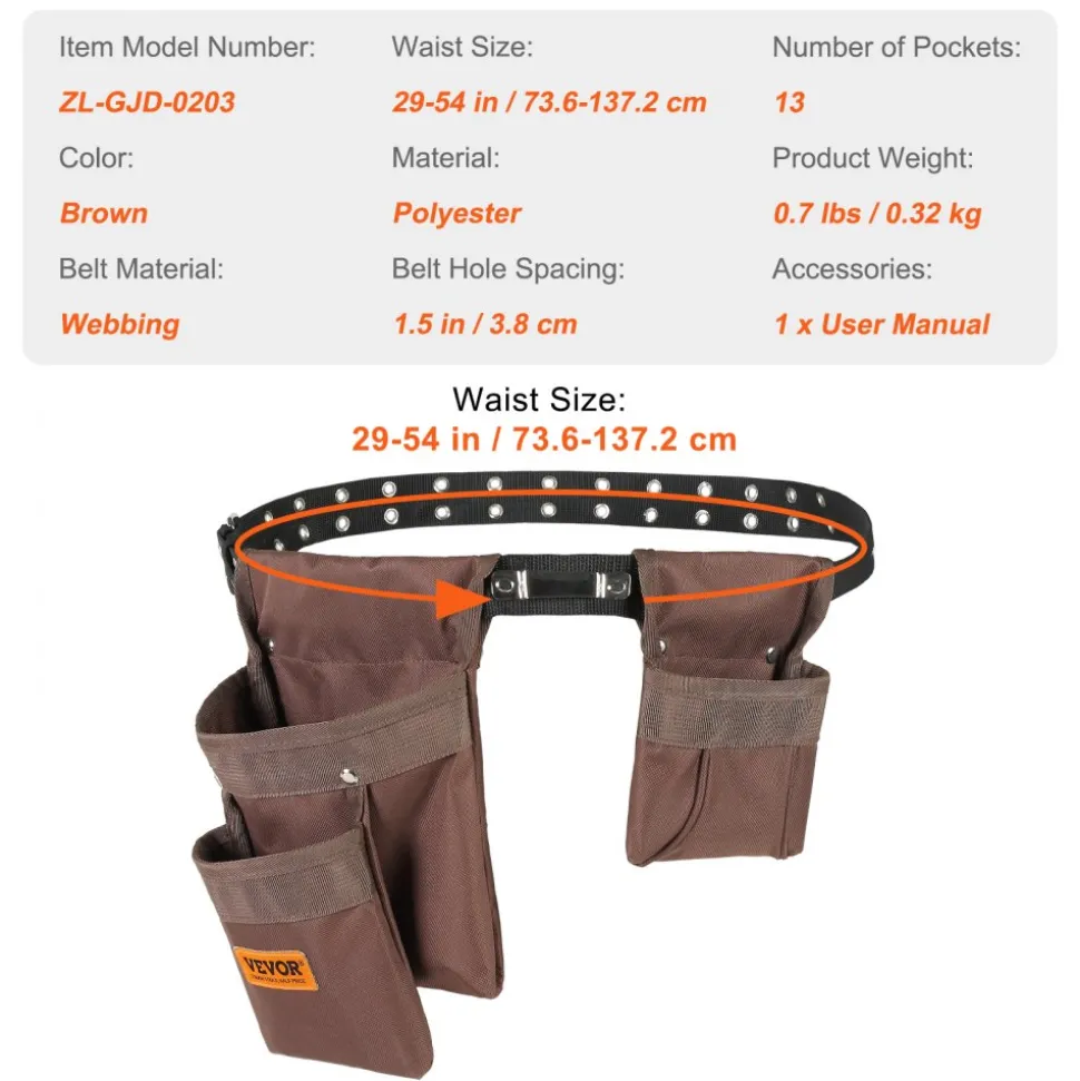 VEVOR Tool Belt, Adjusts from 29 Inches to 54 Inches, Polyester Heavy Duty Tool Pouch Bag, Detachable Tool Bag for Electrician, Carpenter, Handyman, Woodworker, Construction, Framer, Brown