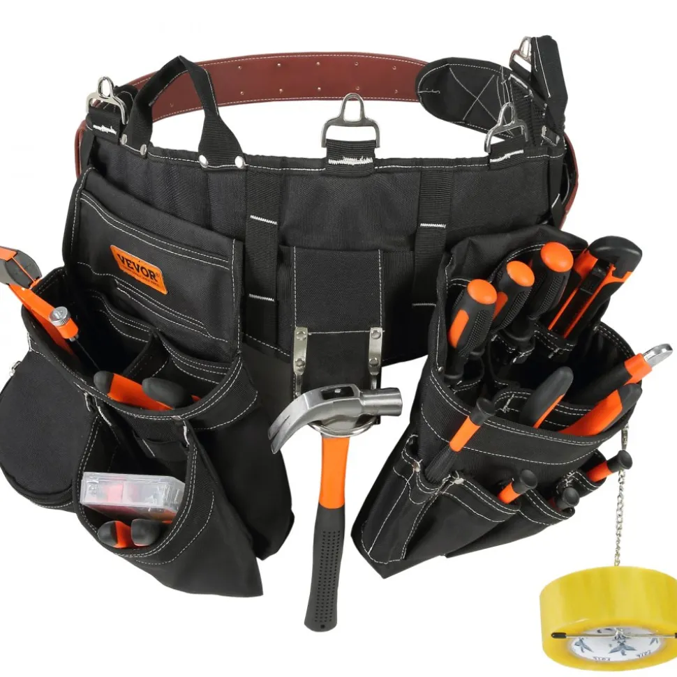 VEVOR Tool Belt, 32 Pockets, Adjusts from 32 Inches to 54 Inches, Nylon Heavy Duty Tool Pouch Bag, Detachable Tool Bag for Electrician, Carpenter, Handyman, Woodworker, Construction, Framer, Black
