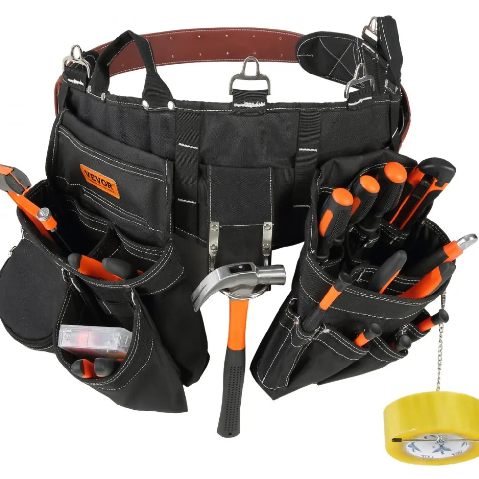 VEVOR Tool Belt, 32 Pockets, Adjusts from 32 Inches to 54 Inches, Nylon Heavy Duty Tool Pouch Bag, Detachable Tool Bag for Electrician, Carpenter, Handyman, Woodworker, Construction, Framer, Black