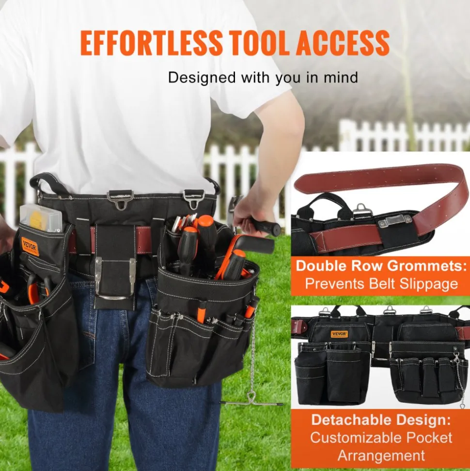 VEVOR Tool Belt, 32 Pockets, Adjusts from 32 Inches to 54 Inches, Nylon Heavy Duty Tool Pouch Bag, Detachable Tool Bag for Electrician, Carpenter, Handyman, Woodworker, Construction, Framer, Black