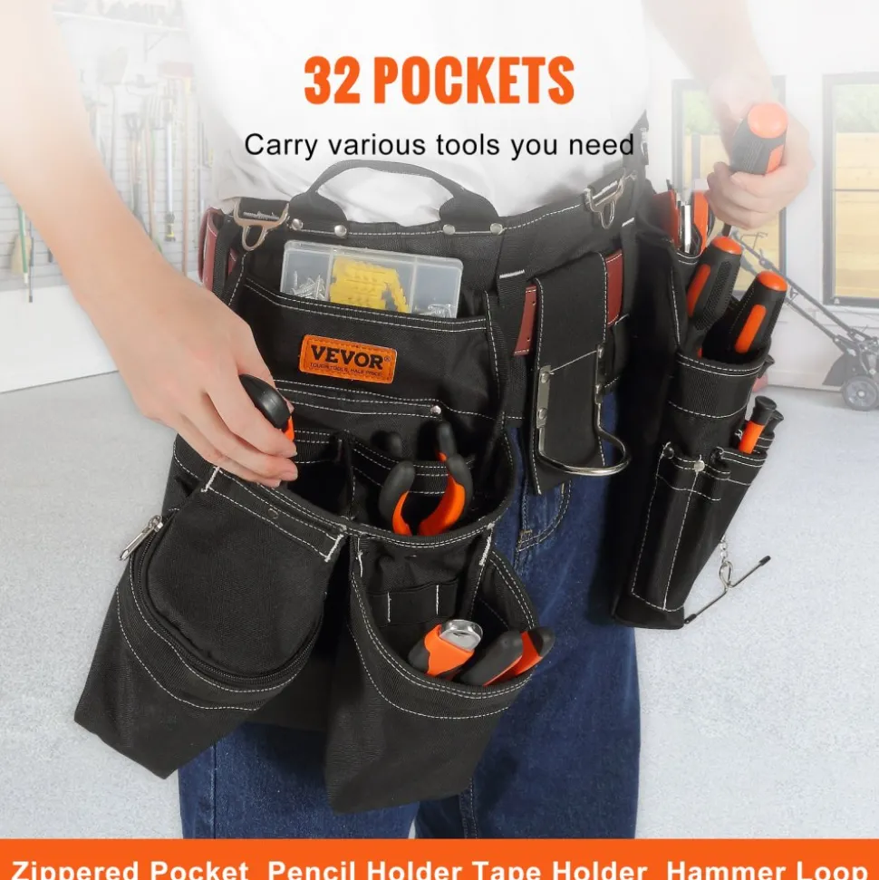 VEVOR Tool Belt, 32 Pockets, Adjusts from 32 Inches to 54 Inches, Nylon Heavy Duty Tool Pouch Bag, Detachable Tool Bag for Electrician, Carpenter, Handyman, Woodworker, Construction, Framer, Black