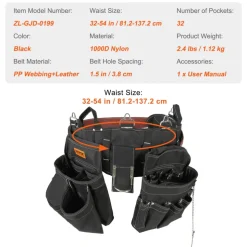 VEVOR Tool Belt, 32 Pockets, Adjusts from 32 Inches to 54 Inches, Nylon Heavy Duty Tool Pouch Bag, Detachable Tool Bag for Electrician, Carpenter, Handyman, Woodworker, Construction, Framer, Black
