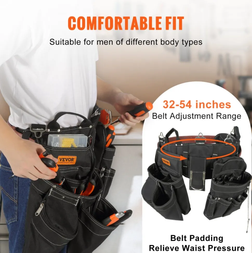 VEVOR Tool Belt, 32 Pockets, Adjusts from 32 Inches to 54 Inches, Nylon Heavy Duty Tool Pouch Bag, Detachable Tool Bag for Electrician, Carpenter, Handyman, Woodworker, Construction, Framer, Black
