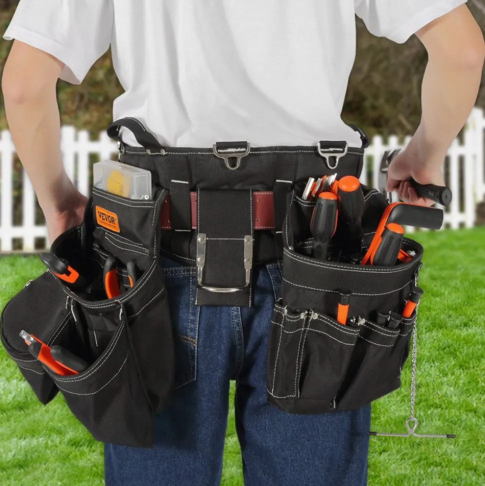 VEVOR Tool Belt, 32 Pockets, Adjusts from 32 Inches to 54 Inches, Nylon Heavy Duty Tool Pouch Bag, Detachable Tool Bag for Electrician, Carpenter, Handyman, Woodworker, Construction, Framer, Black