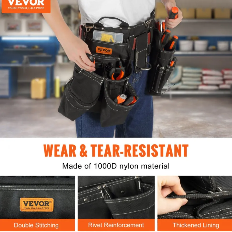 VEVOR Tool Belt, 32 Pockets, Adjusts from 32 Inches to 54 Inches, Nylon Heavy Duty Tool Pouch Bag, Detachable Tool Bag for Electrician, Carpenter, Handyman, Woodworker, Construction, Framer, Black