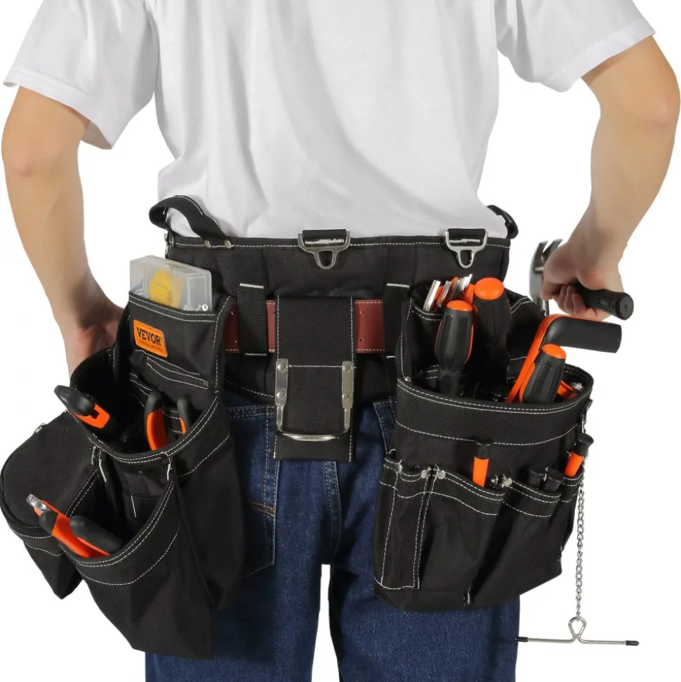 VEVOR Tool Belt, 32 Pockets, Adjusts from 32 Inches to 54 Inches, Nylon Heavy Duty Tool Pouch Bag, Detachable Tool Bag for Electrician, Carpenter, Handyman, Woodworker, Construction, Framer, Black