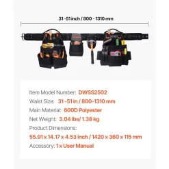 VEVOR Tool Belt, 18 Pockets Professional Tool Pouch for Men, Heavy Duty Adjustable Utility Belt Detachable Work Bag for Electrician, Carpenter, Construction, Work Apron Organizer, Adjusts 31in to 51in