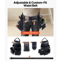 VEVOR Tool Belt, 18 Pockets Professional Tool Pouch for Men, Heavy Duty Adjustable Utility Belt Detachable Work Bag for Electrician, Carpenter, Construction, Work Apron Organizer, Adjusts 31in to 51in