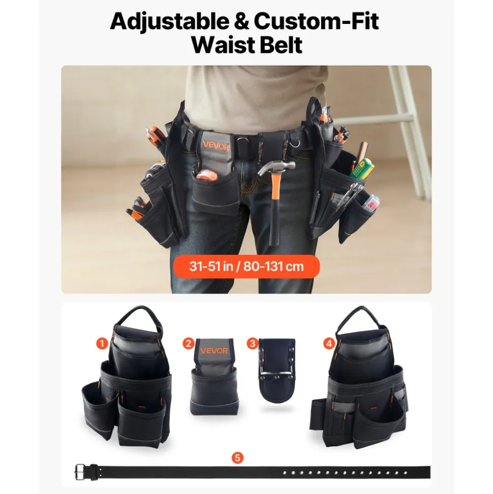 VEVOR Tool Belt, 18 Pockets Professional Tool Pouch for Men, Heavy Duty Adjustable Utility Belt Detachable Work Bag for Electrician, Carpenter, Construction, Work Apron Organizer, Adjusts 31in to 51in