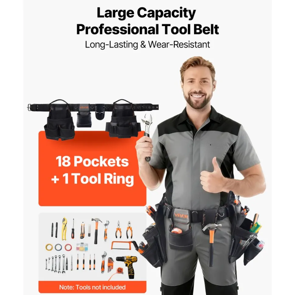 VEVOR Tool Belt, 18 Pockets Professional Tool Pouch for Men, Heavy Duty Adjustable Utility Belt Detachable Work Bag for Electrician, Carpenter, Construction, Work Apron Organizer, Adjusts 31in to 51in