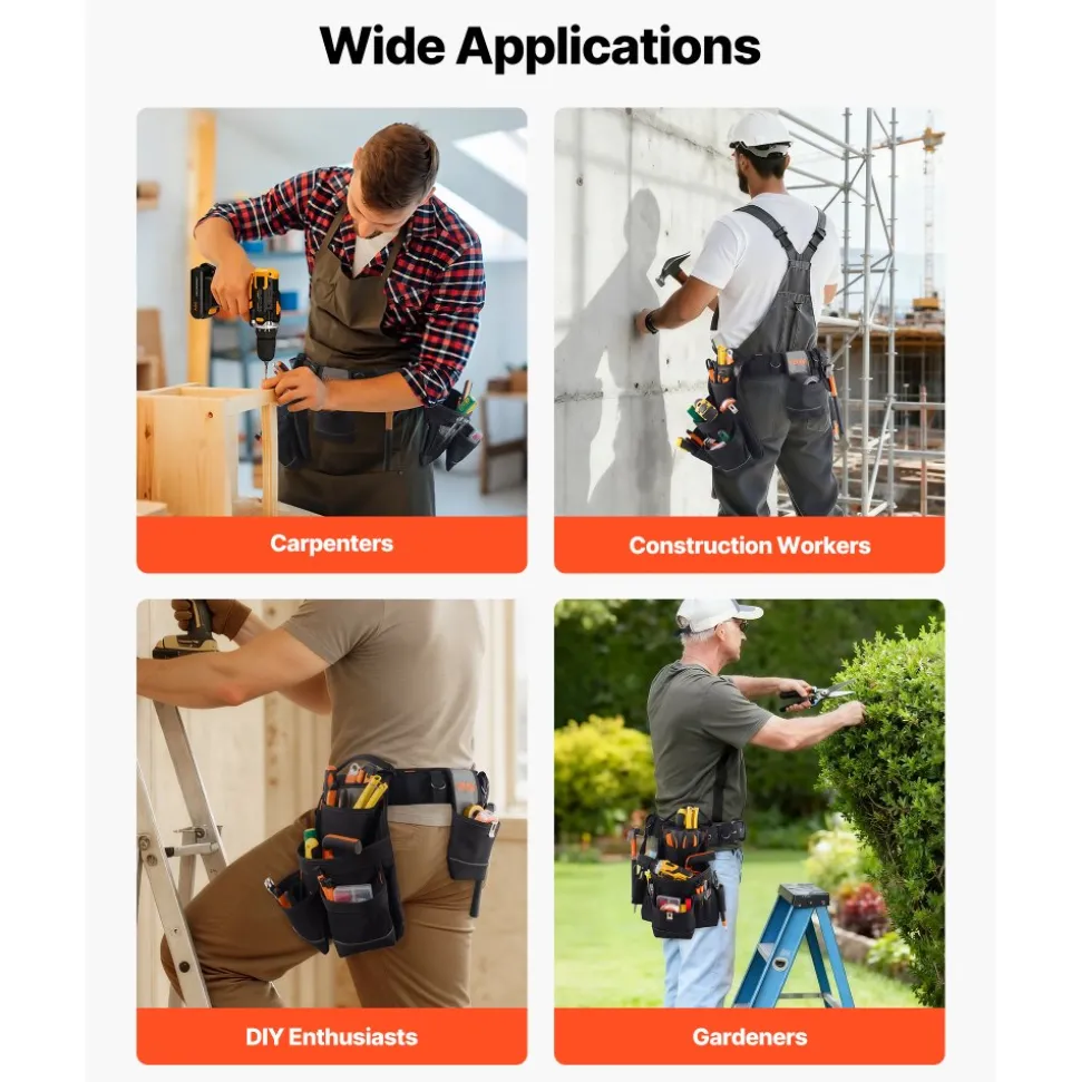 VEVOR Tool Belt, 18 Pockets Professional Tool Pouch for Men, Heavy Duty Adjustable Utility Belt Detachable Work Bag for Electrician, Carpenter, Construction, Work Apron Organizer, Adjusts 31in to 51in