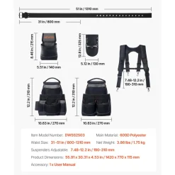 VEVOR Tool Belt, 19 Pockets Tool Pouch with Suspenders for Men, Heavy Duty Adjustable Utility Belt Work Bag Detachable Suspension Rig for Electrician, Carpenter, Construction, Adjust Waist 31 to 51in