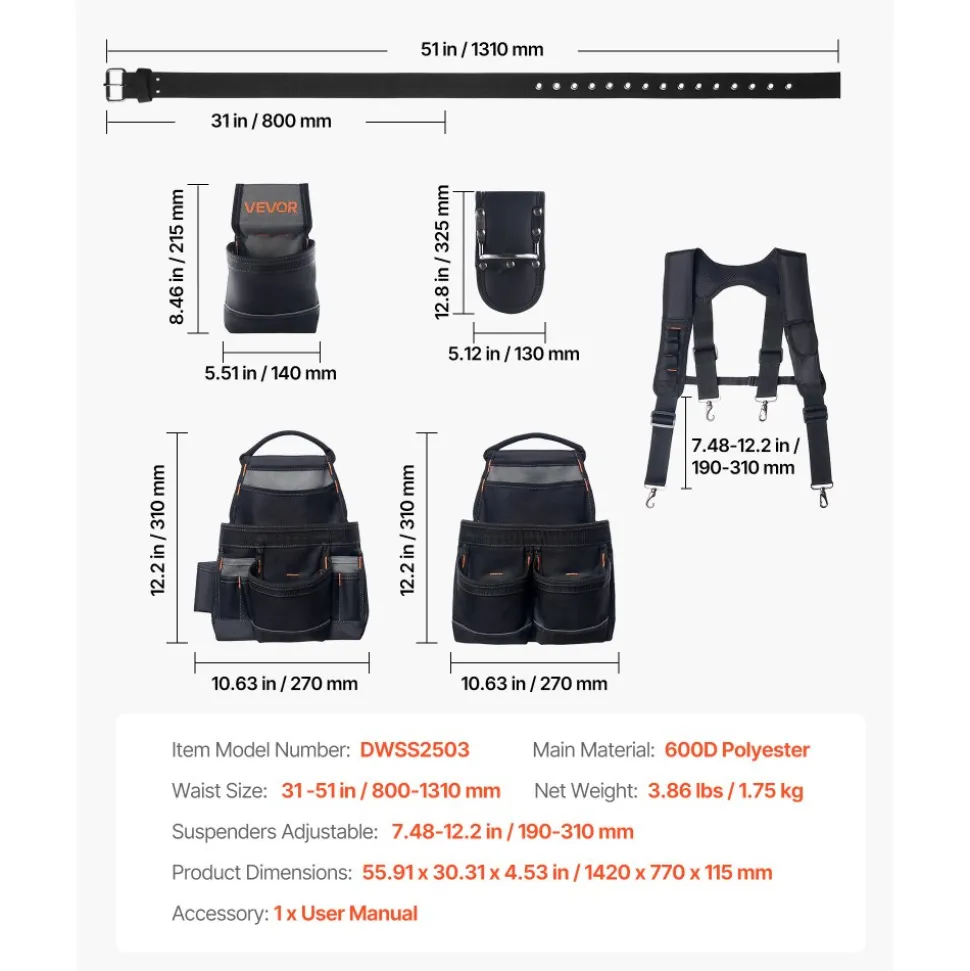 VEVOR Tool Belt, 19 Pockets Tool Pouch with Suspenders for Men, Heavy Duty Adjustable Utility Belt Work Bag Detachable Suspension Rig for Electrician, Carpenter, Construction, Adjust Waist 31 to 51in