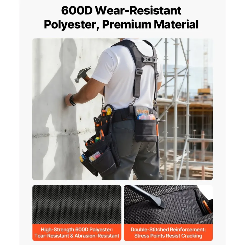 VEVOR Tool Belt, 19 Pockets Tool Pouch with Suspenders for Men, Heavy Duty Adjustable Utility Belt Work Bag Detachable Suspension Rig for Electrician, Carpenter, Construction, Adjust Waist 31 to 51in