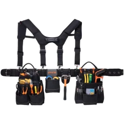 VEVOR Tool Belt, 19 Pockets Tool Pouch with Suspenders for Men, Heavy Duty Adjustable Utility Belt Work Bag Detachable Suspension Rig for Electrician, Carpenter, Construction, Adjust Waist 31 to 51in
