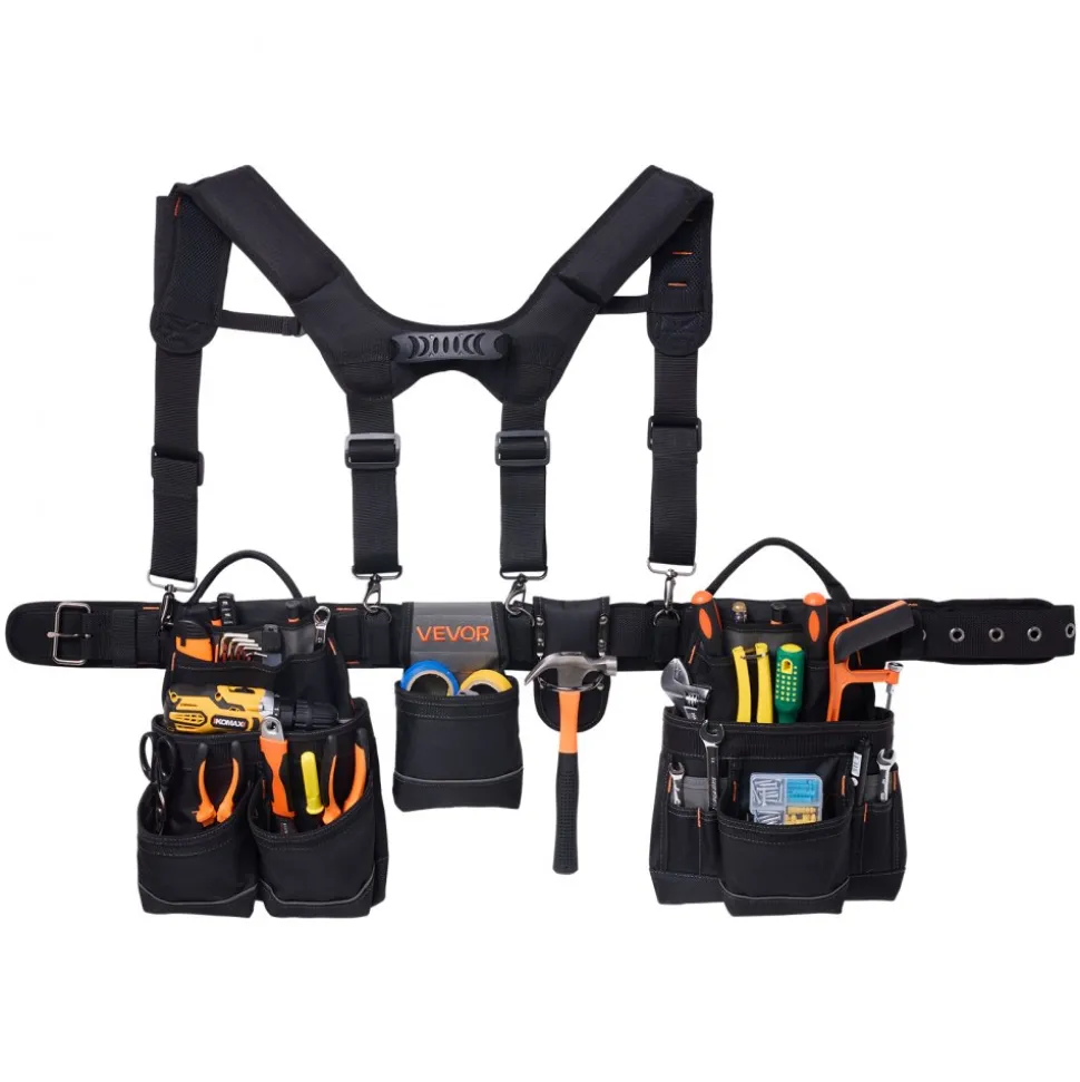 VEVOR Tool Belt, 19 Pockets Tool Pouch with Suspenders for Men, Heavy Duty Adjustable Utility Belt Work Bag Detachable Suspension Rig for Electrician, Carpenter, Construction, Adjust Waist 31 to 51in