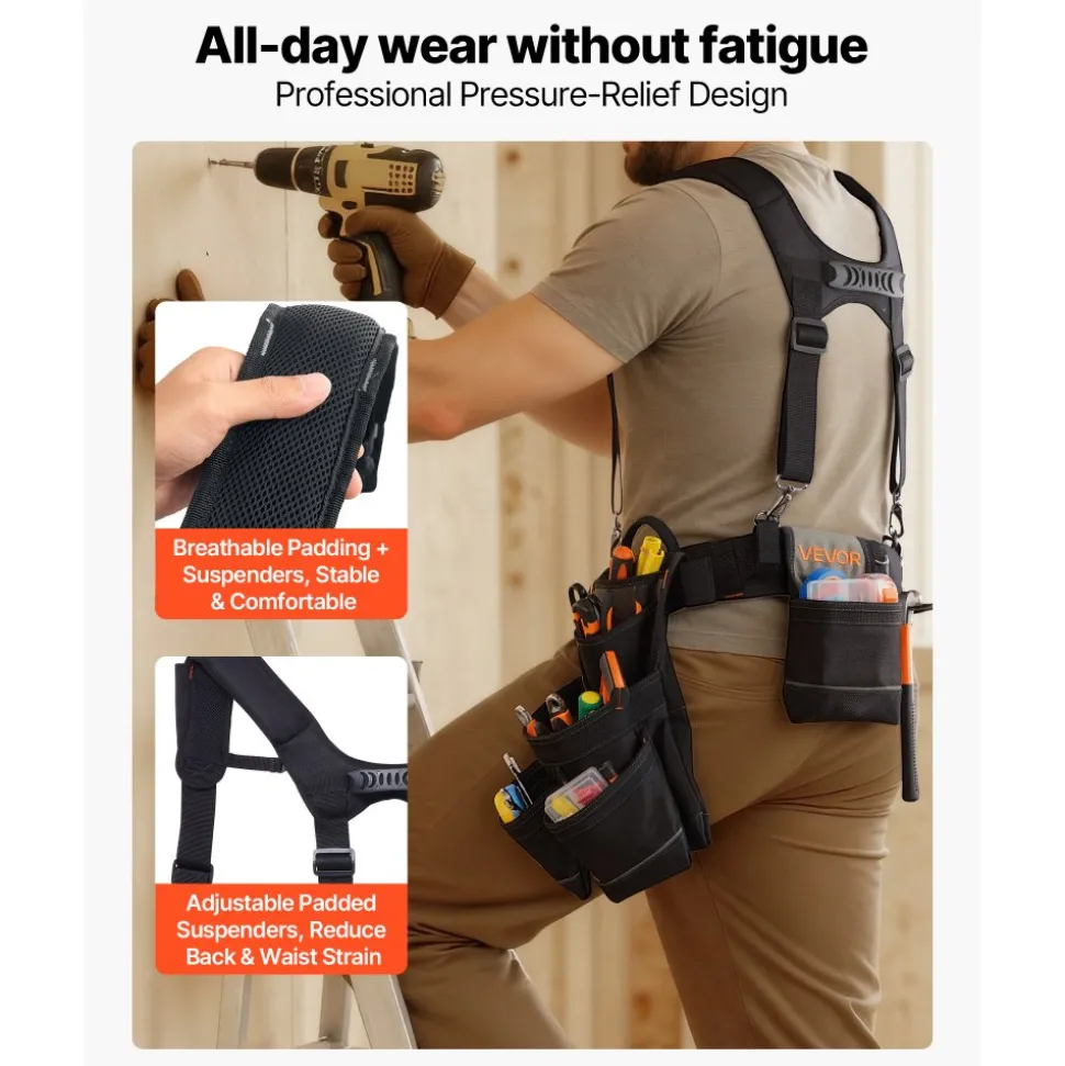 VEVOR Tool Belt, 19 Pockets Tool Pouch with Suspenders for Men, Heavy Duty Adjustable Utility Belt Work Bag Detachable Suspension Rig for Electrician, Carpenter, Construction, Adjust Waist 31 to 51in
