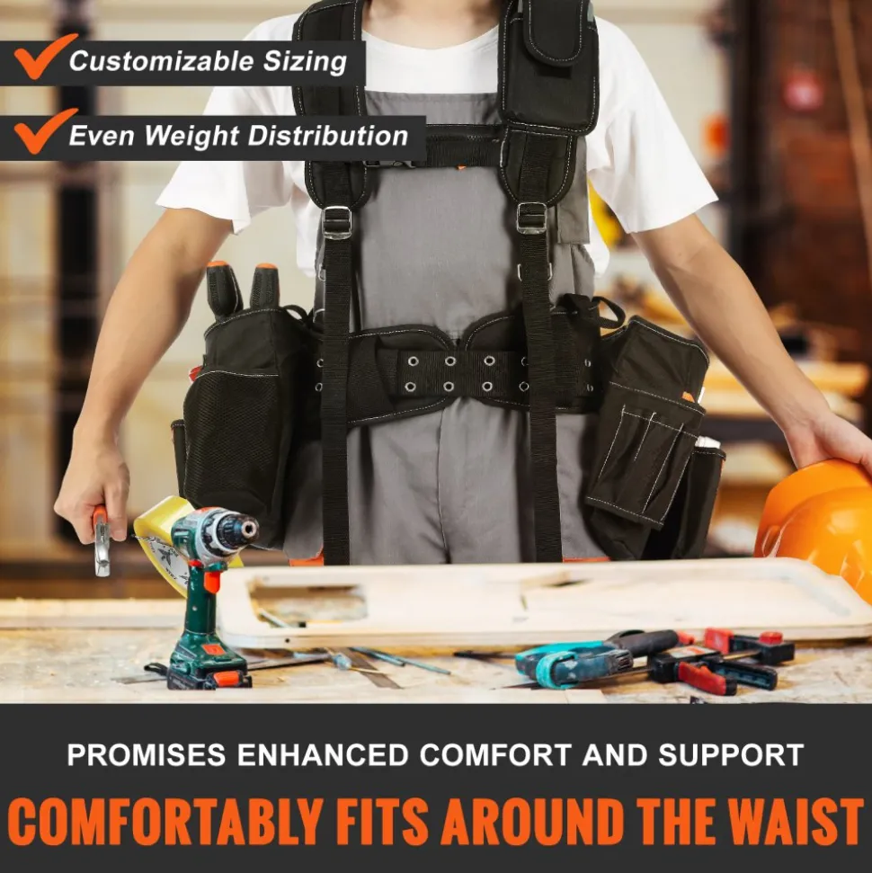VEVOR Tool Belt with Suspenders, 29 Pockets, 29-54 inches Adjustable Waist Size, Tool Belts for Men, 600D Polyester Heavy Duty Carpenter Tool Pouch for Carpenters, Electricians, and Gardening, Black