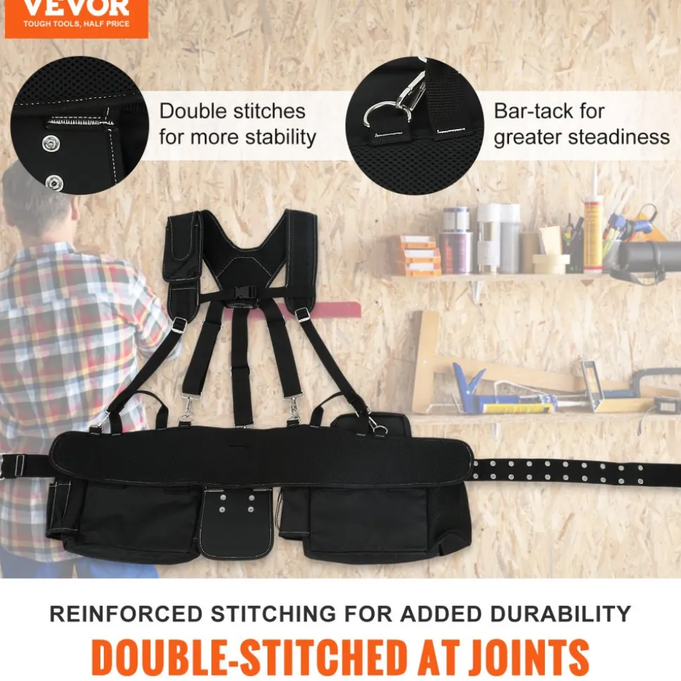 VEVOR Tool Belt with Suspenders, 29 Pockets, 29-54 inches Adjustable Waist Size, Tool Belts for Men, 600D Polyester Heavy Duty Carpenter Tool Pouch for Carpenters, Electricians, and Gardening, Black