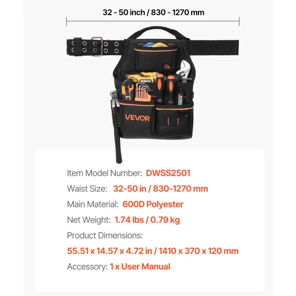VEVOR Tool Pouch with Belt, 14 Pockets Professional Tool Belt Pouch for Men, Heavy Duty Detachable Adjustable Utility Work Bag for Electrician, Carpenter, Construction, Adjusts Waist 32 to 50 Inches