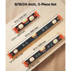 VEVOR Torpedo Level, 3-Piece Included 9/16/24 in, Magnetic Leveler Tool Set Aluminum Alloy, with Clear 3 Green Vials, V-Groove, Hanging Hole, Multi-angle Measurement for Construction Home Renovation