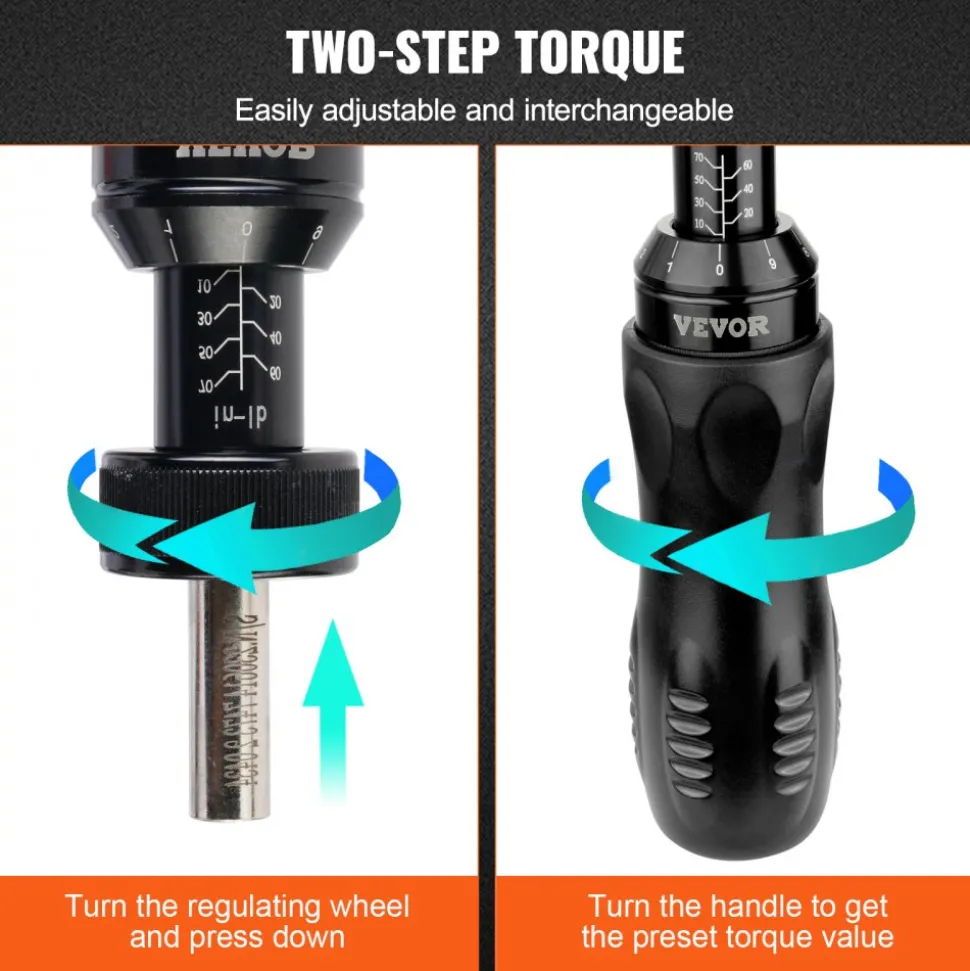 VEVOR Torque Screwdriver, 1/4" Drive Screwdriver Torque Wrench, Electrician Torque Screwdriver with Scale, 10-70 in/lbs Torque Range, 1 in-lbs Torque Increment Torque Screwdriver with Bits & Case