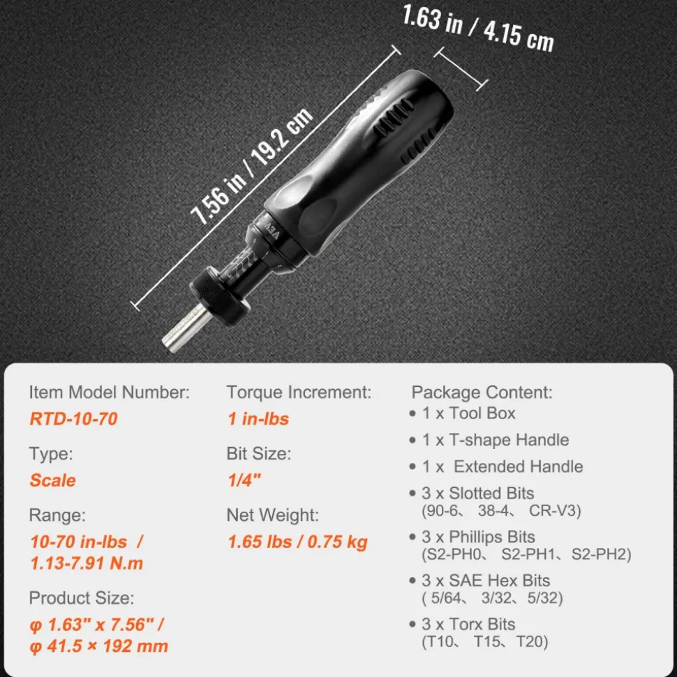 VEVOR Torque Screwdriver, 1/4" Drive Screwdriver Torque Wrench, Electrician Torque Screwdriver with Scale, 10-70 in/lbs Torque Range, 1 in-lbs Torque Increment Torque Screwdriver with Bits & Case
