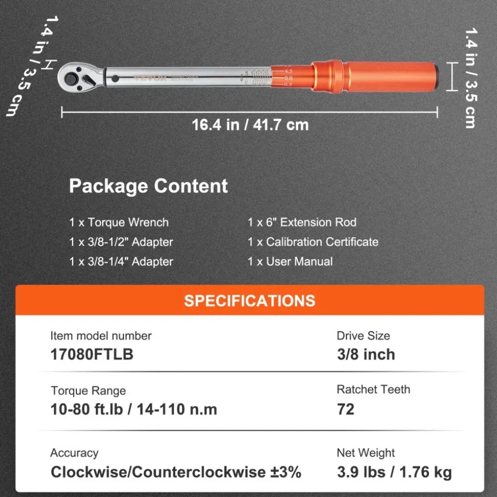 VEVOR Torque Wrench, 1/2-inch Drive Click Torque Wrench 20-250ft.lb/34-340n.m, Dual-Direction Adjustable Torque Wrench Set, Mechanical Dual Range Scales Torque Wrench Kit with Adapters Extension Rod
