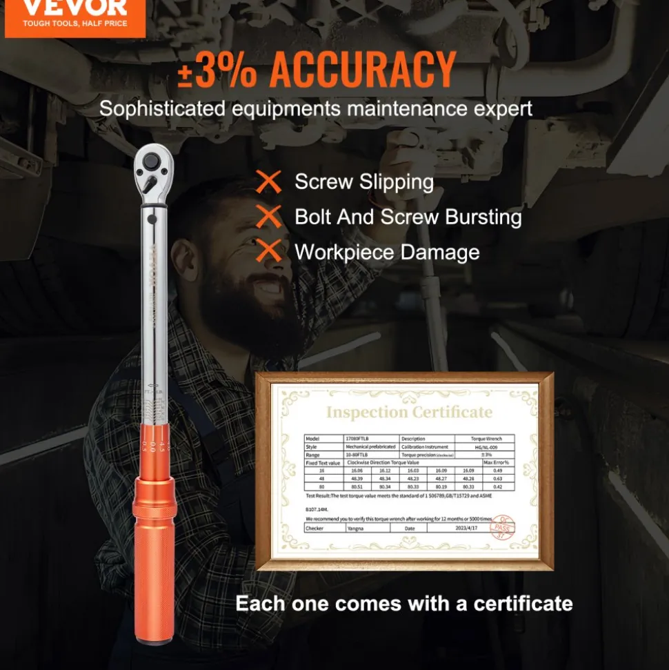 VEVOR Torque Wrench, 1/2-inch Drive Click Torque Wrench 20-250ft.lb/34-340n.m, Dual-Direction Adjustable Torque Wrench Set, Mechanical Dual Range Scales Torque Wrench Kit with Adapters Extension Rod