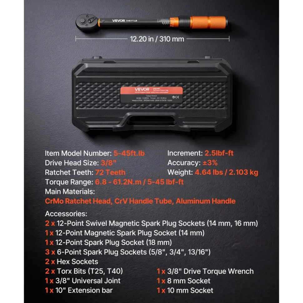 VEVOR Torque Wrench 3/8-inch Drive Click Torque Wrench Dual Scale Readings, 5-45 lbf-ft / 6.8-61.2 N.m, ±3% High Precision, with Spark Plug Sockets, Bits, Universal Joint, Extension Bar, Storage Case