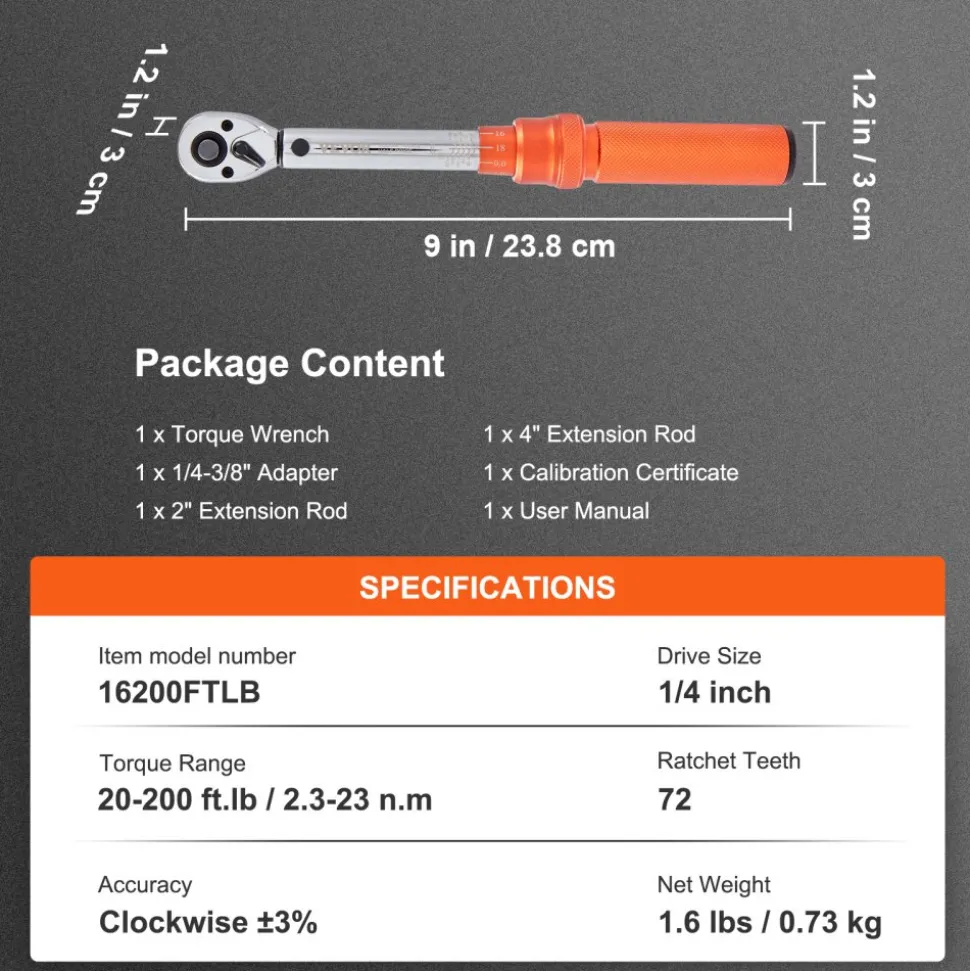 VEVOR Torque Wrench, 1/4-inch Drive Click Torque Wrench 20-200in.lb/3-23n.m, Dual-Direction Adjustable Torque Wrench Set, Mechanical Dual Range Scales Torque Wrench Kit with Adapters Extension Rod