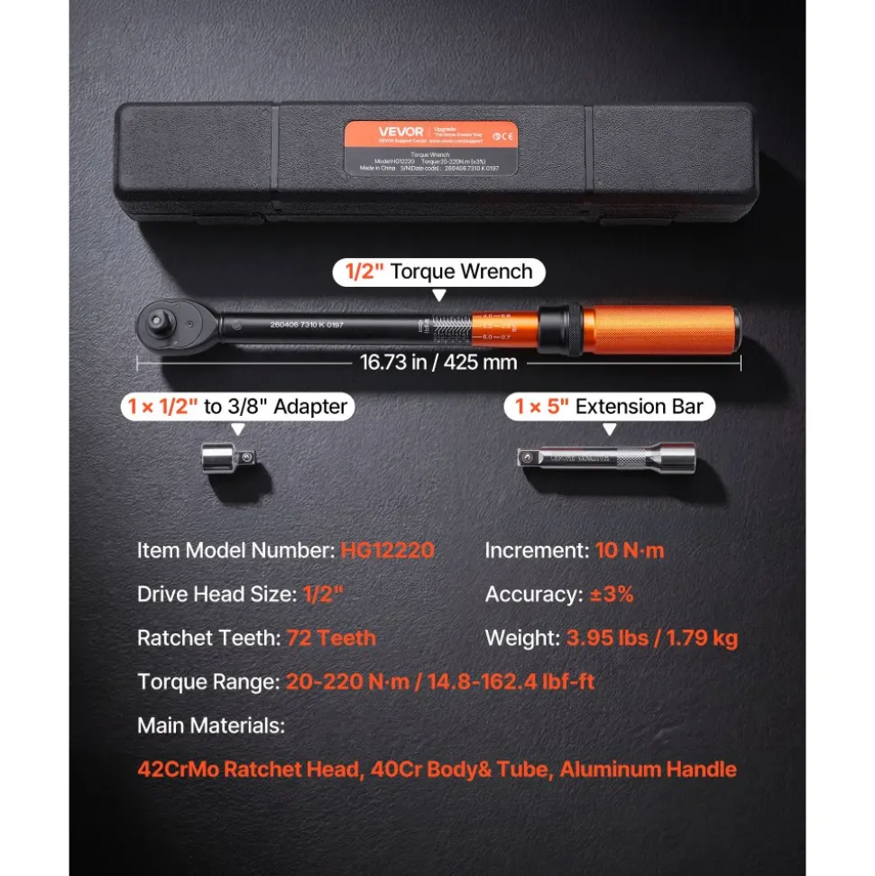 VEVOR Torque Wrench, 1/2-inch Drive Click Torque Wrench, 14.8-162.4 lbf-ft / 20-220 N.m, Dual Scale Readings, ±3% High Precision, with Extension Bar, Adapter and Storage Case, for Automotive Repair