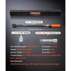 VEVOR Torque Wrench 1/2-inch Drive Click Torque Wrench ±3% High Precision, 29.4-294.1 lbf-ft / 40-400 N.m, Dual Scale Readings, with Extension Bar, Adapter and Storage Case, for Automotive Repair