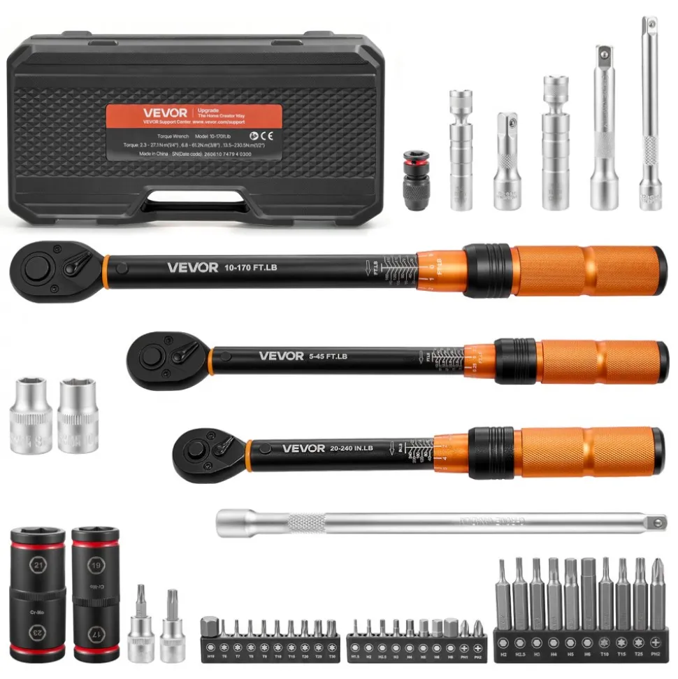VEVOR Torque Wrench Set 1/4" 3/8" 1/2" Drive Click Torque Wrench 47-Piece, Dual Scale Readings, ±3% High Precision, with Spark Plug Sockets, Bits, Extension Bars, Storage Case, for Automotive Repair