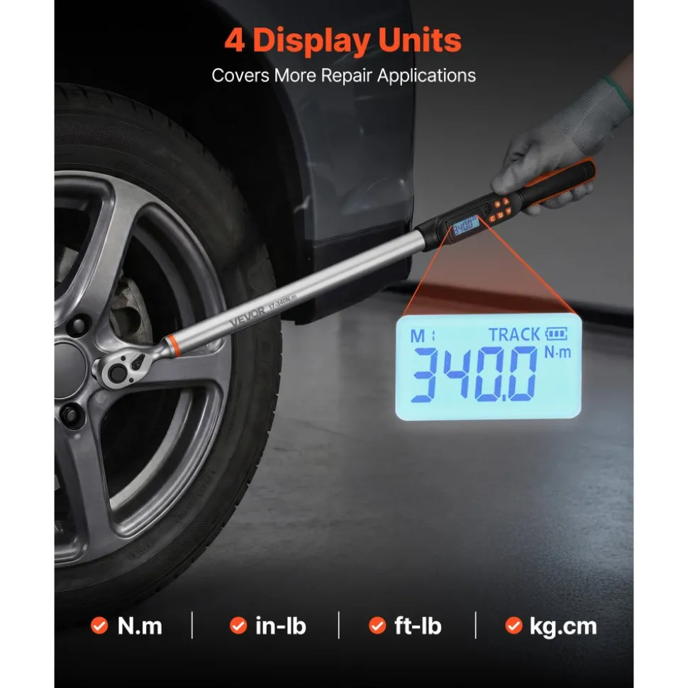 VEVOR Torque Wrench Set 1/2" Drive Digital Torque Wrench 4 Display Units, ±2% Accuracy, LCD Screen, with Buzzer and LED Indicator, with Sockets, Extension Bar, Adapter, for Automotive Repair