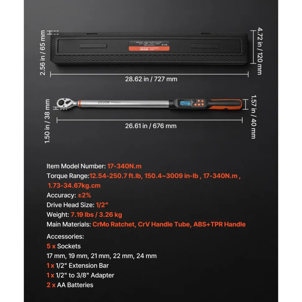 VEVOR Torque Wrench Set 1/2" Drive Digital Torque Wrench 4 Display Units, ±2% Accuracy, LCD Screen, with Buzzer and LED Indicator, with Sockets, Extension Bar, Adapter, for Automotive Repair