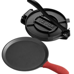 VEVOR Tortilla Press, 10 Inch Cast Iron Tortilla and Roti Maker, Heavy Duty Tortilladora Press, Pataconera Makers with Handle and 100 Pcs Parchment Paper, Dough Taco Press for Flour Tortilla, Tawa